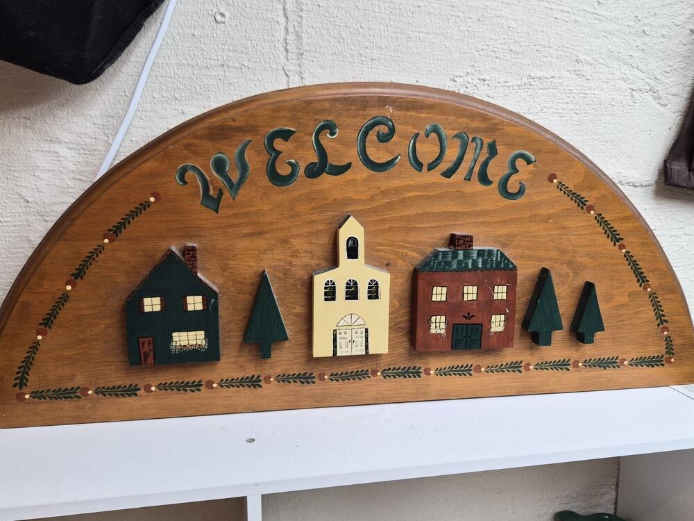 Vintage Primitive Wood Welcome Sign 3D Houses Church Folk Art Farmhouse Wall...
